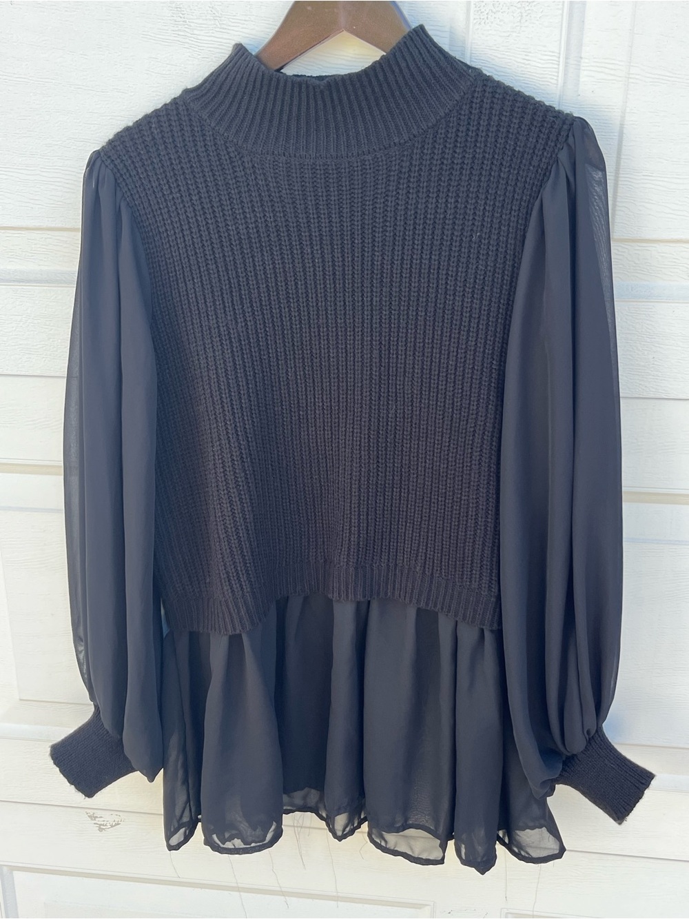 Women's Eloquii Black Mixed-Media Mock Neck Blouse 14/16